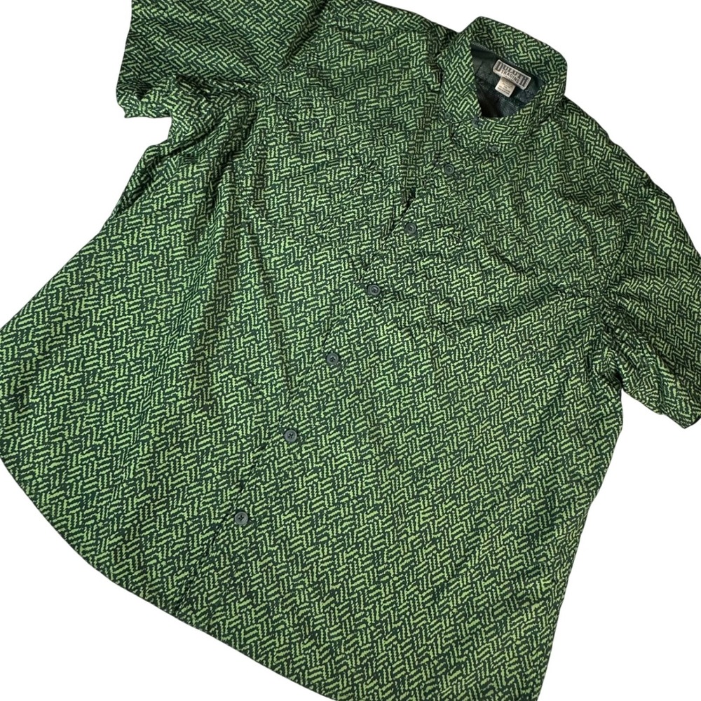 Duluth Trading Co Button Down Mens 3XL Green Geometric Short Sleeve Coolplus